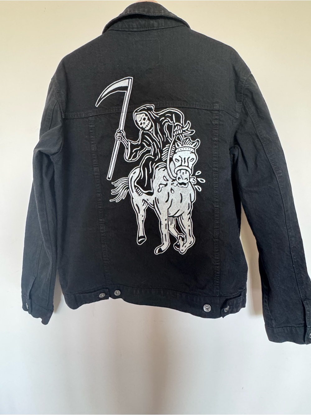 Lurking Class by Sketchy Tank Black Denim Jacket with White Grim Reaper Graphic